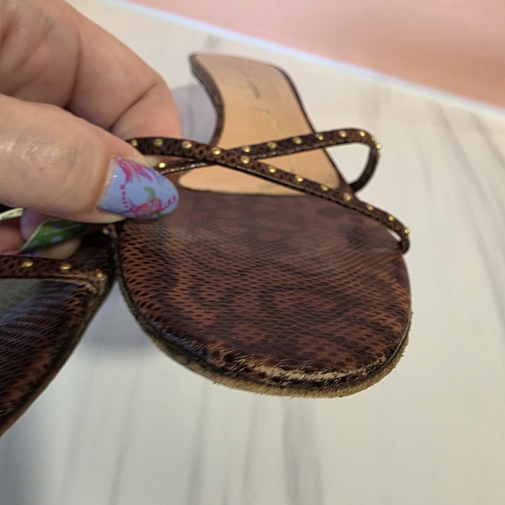 St. John Brown Kitten Heels 7 Italian Snakeskin Patterned Studded Brown Sandals - Picture 8 of 16